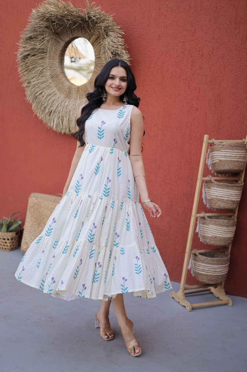 Womenline Off-White Leaf Printed Tiered Midi Dress