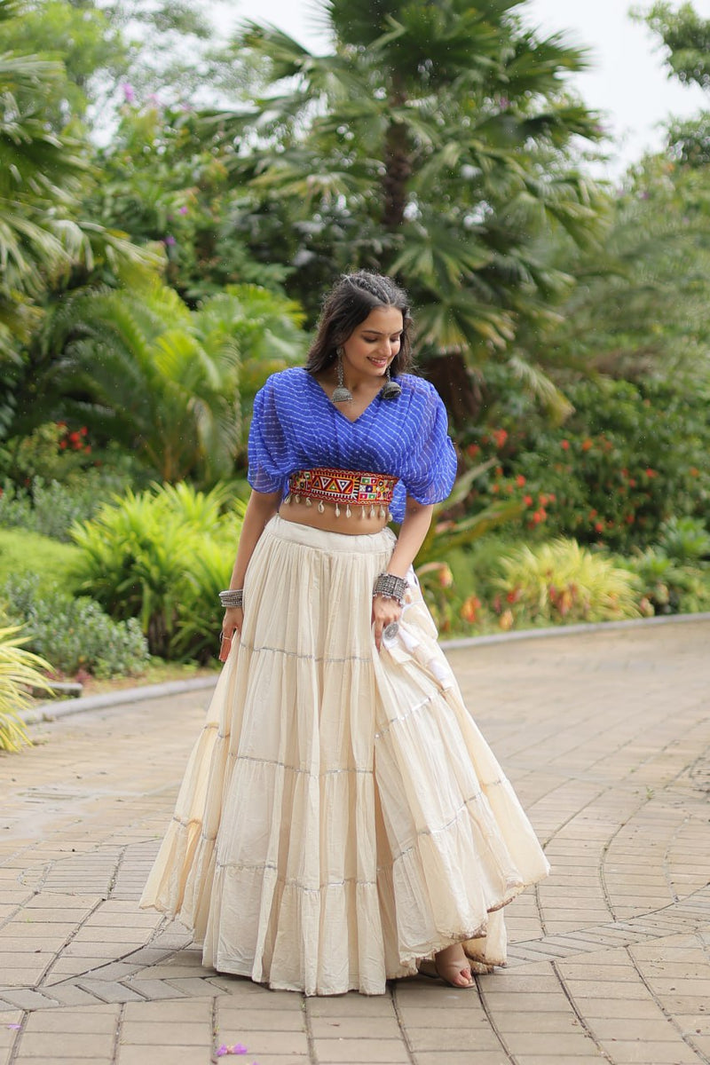 Womenline White Color Kora Cotton Lehenga With Blue Choli