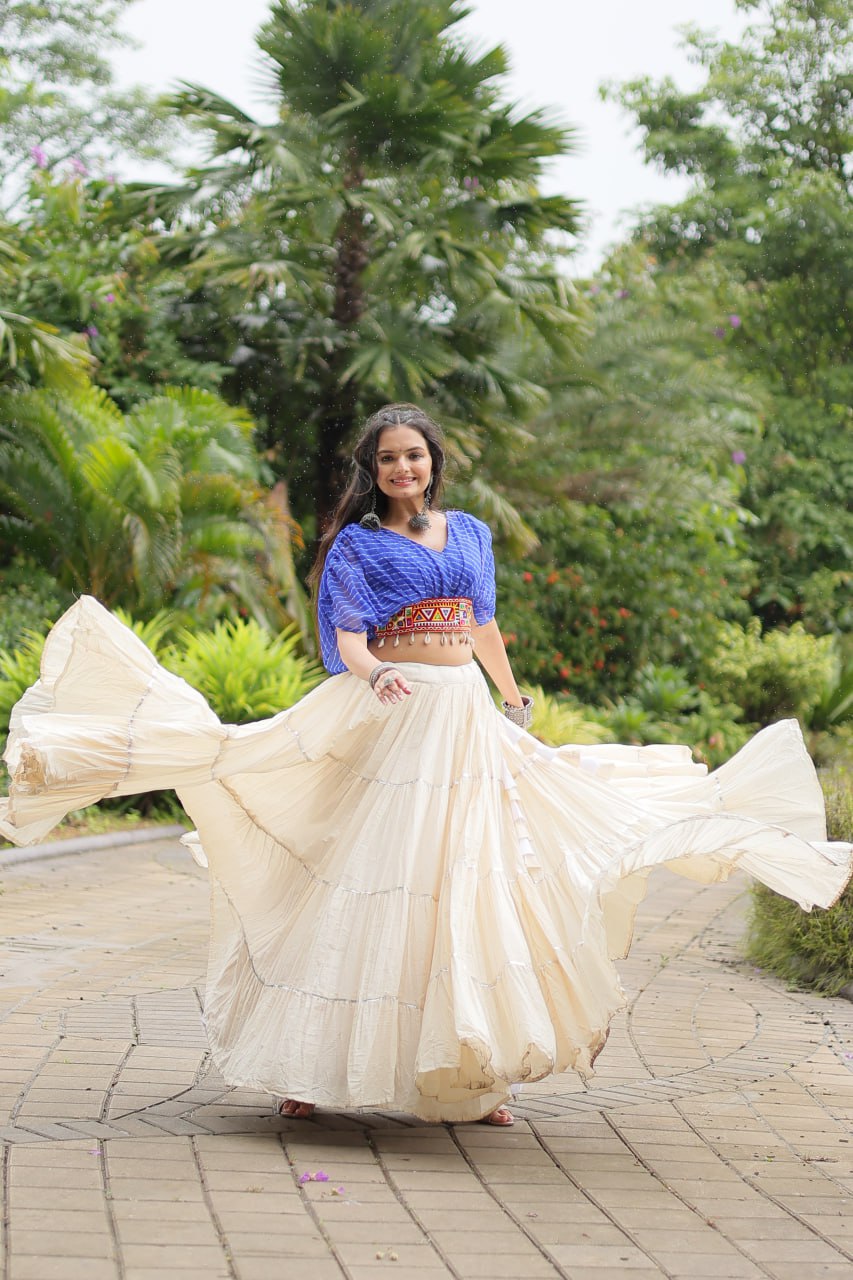 Womenline White Color Kora Cotton Lehenga With Blue Choli