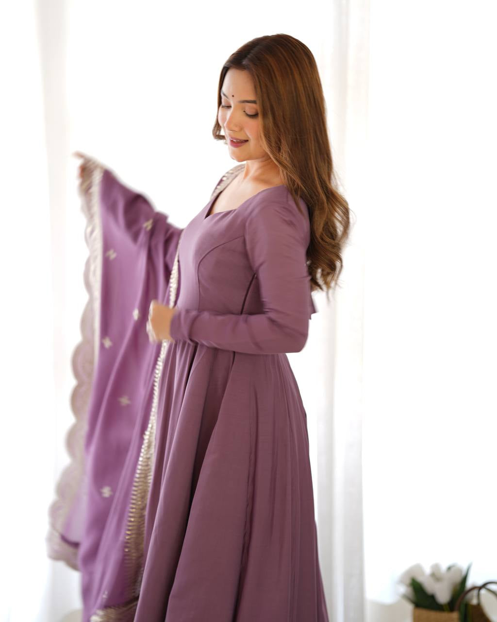 Womenline Onion Color Pure Chanderi Silk Three Piece Anarkali Suit