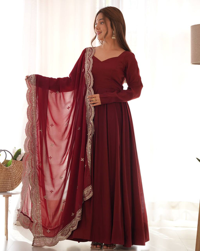 Womenline Beautiful Maroon Color Pure Chanderi Silk Three Piece Anarkali Suit