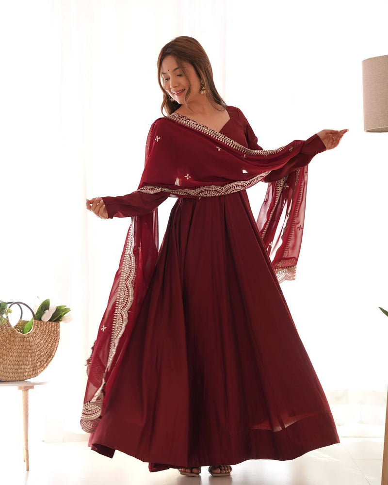 Womenline Beautiful Maroon Color Pure Chanderi Silk Three Piece Anarkali Suit