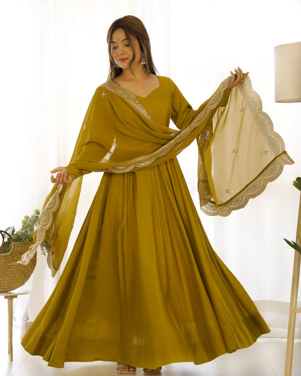 Womenline Beautiful Mustard Color Pure Chanderi Silk Three Piece Anarkali Suit