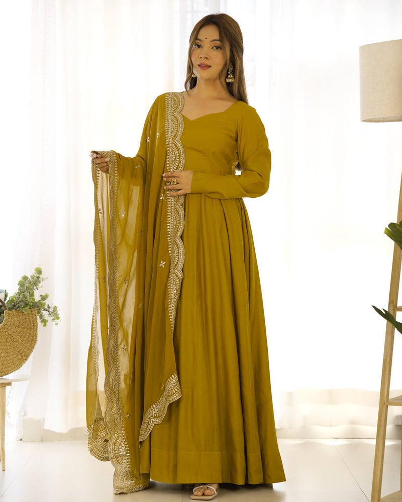 Womenline Beautiful Mustard Color Pure Chanderi Silk Three Piece Anarkali Suit