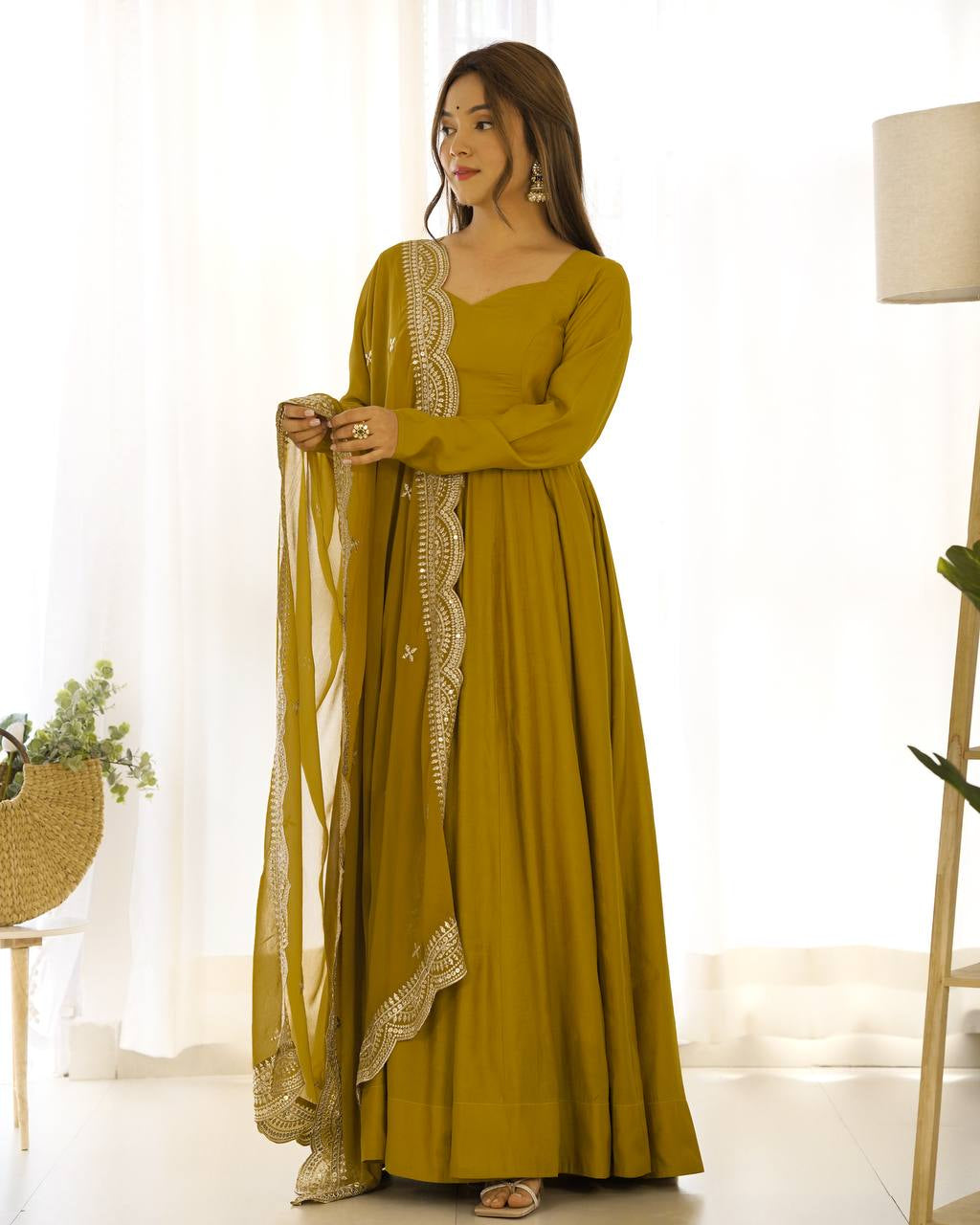 Womenline Beautiful Mustard Color Pure Chanderi Silk Three Piece Anarkali Suit