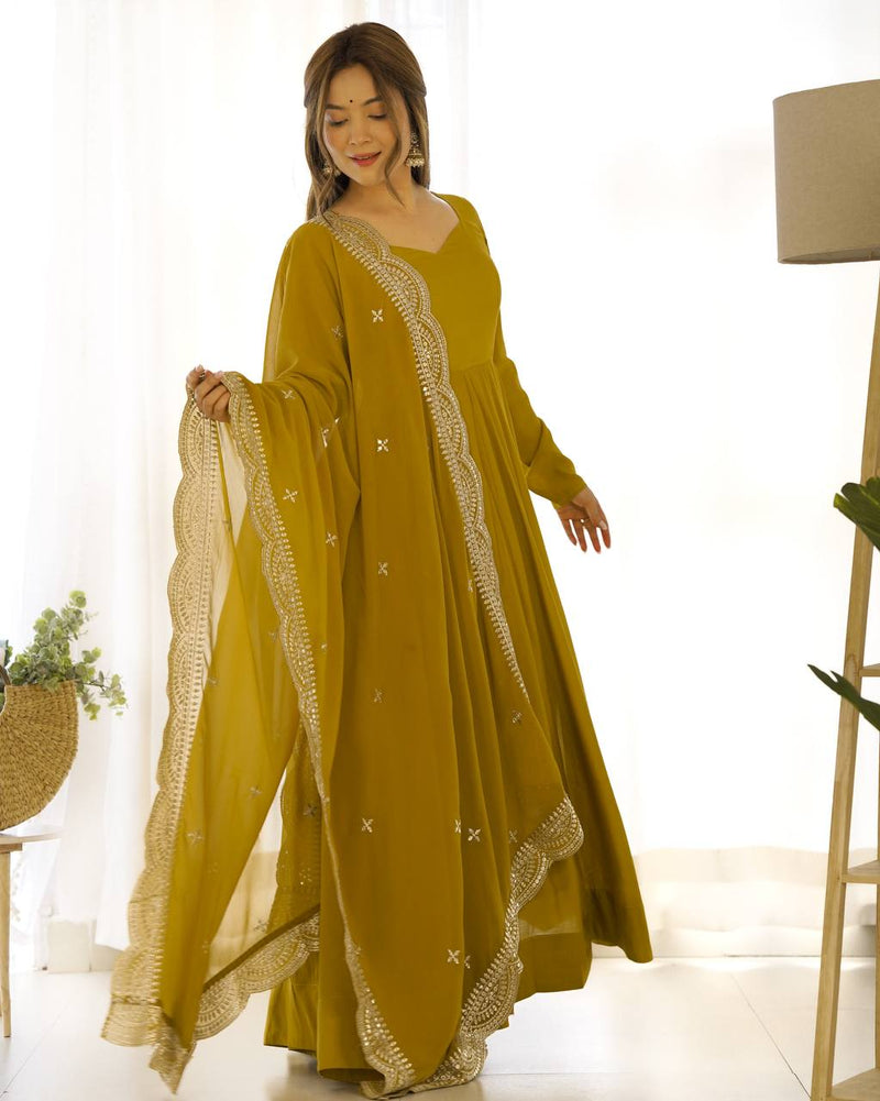 Womenline Beautiful Mustard Color Pure Chanderi Silk Three Piece Anarkali Suit