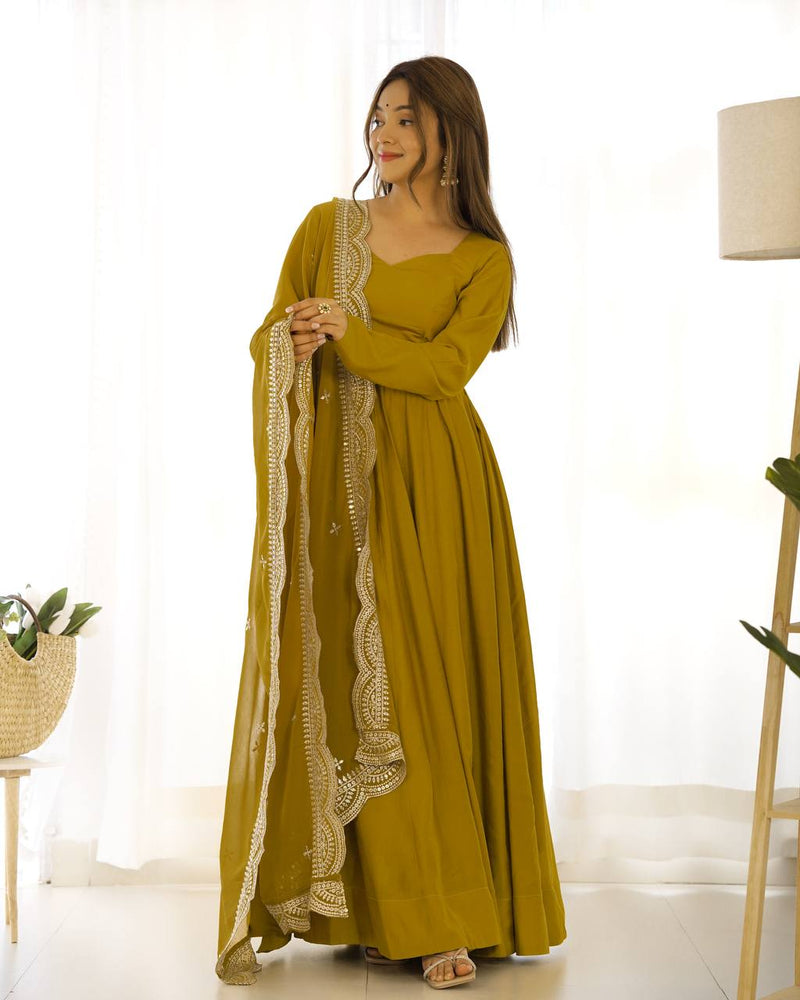 Womenline Beautiful Mustard Color Pure Chanderi Silk Three Piece Anarkali Suit