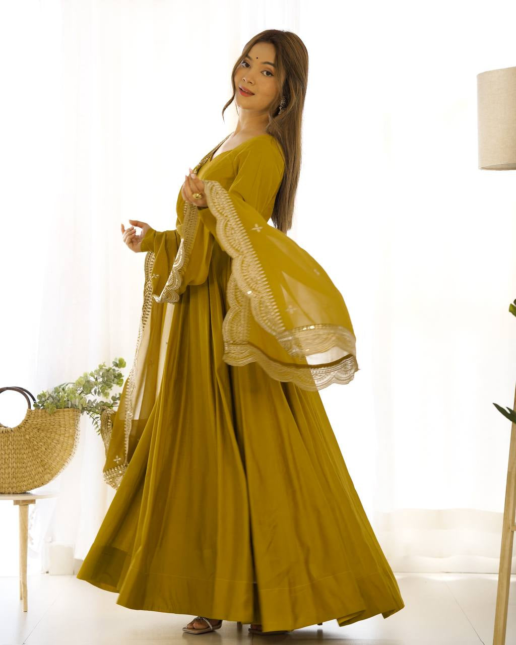 Womenline Beautiful Mustard Color Pure Chanderi Silk Three Piece Anarkali Suit
