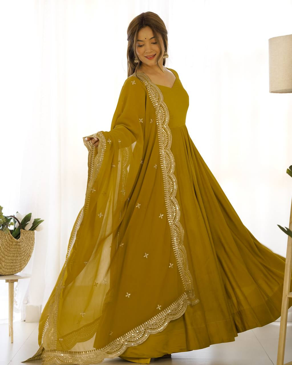 Womenline Beautiful Mustard Color Pure Chanderi Silk Three Piece Anarkali Suit