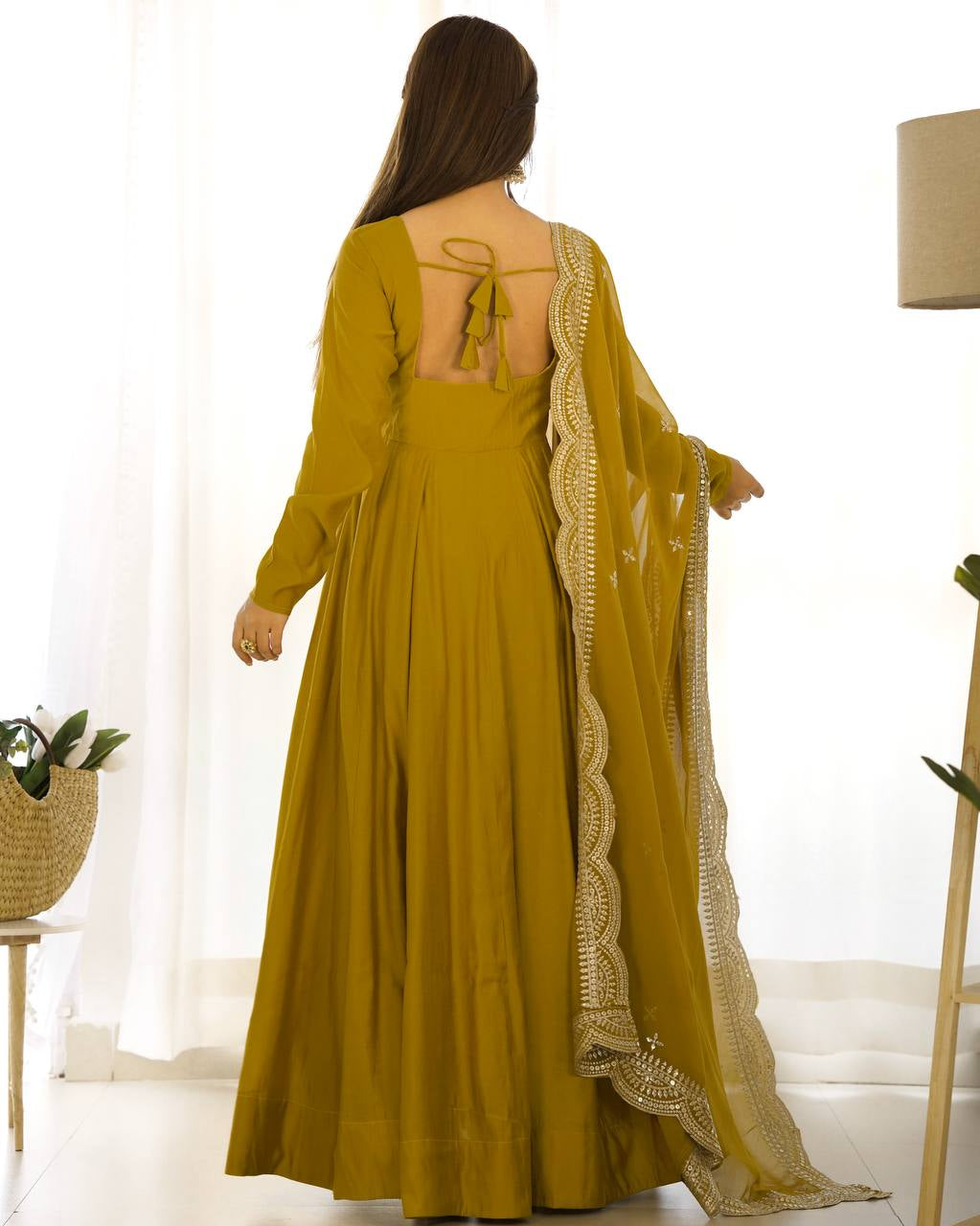 Womenline Beautiful Mustard Color Pure Chanderi Silk Three Piece Anarkali Suit