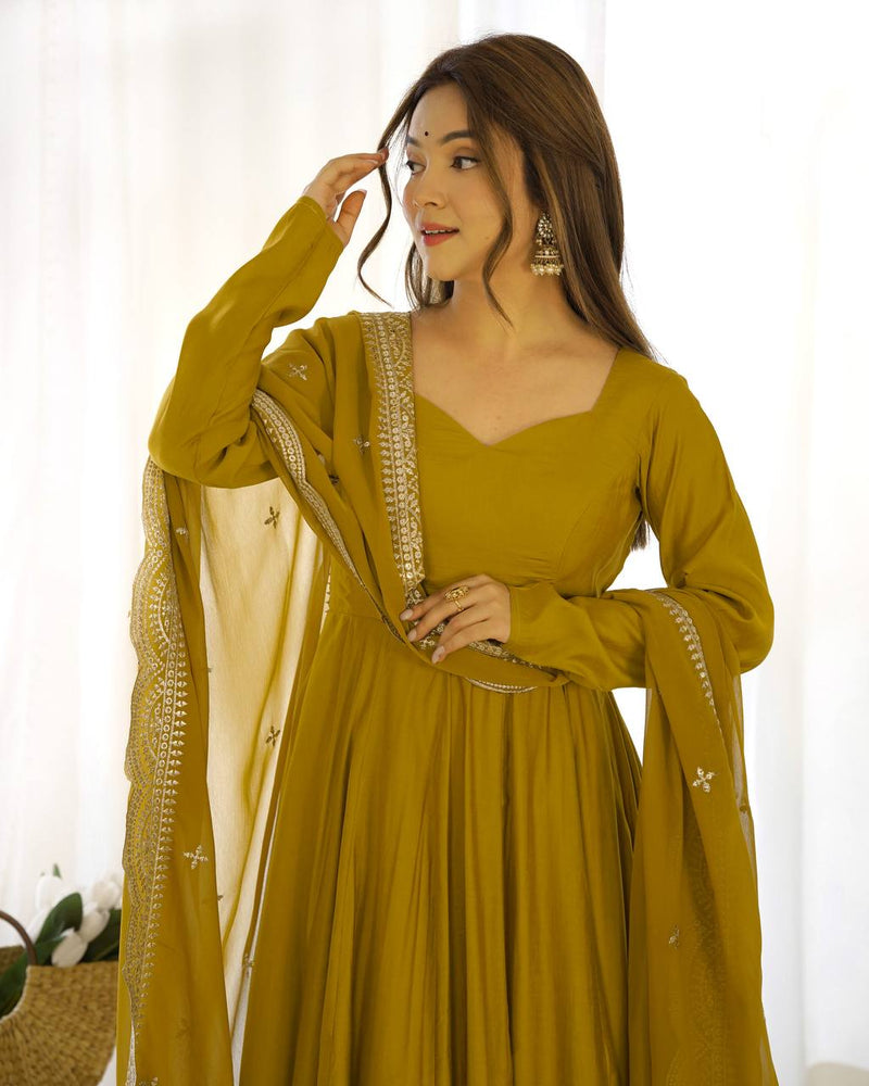Womenline Beautiful Mustard Color Pure Chanderi Silk Three Piece Anarkali Suit