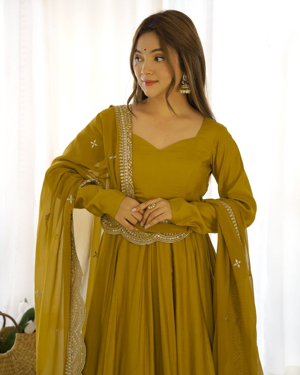 Womenline Beautiful Mustard Color Pure Chanderi Silk Three Piece Anarkali Suit