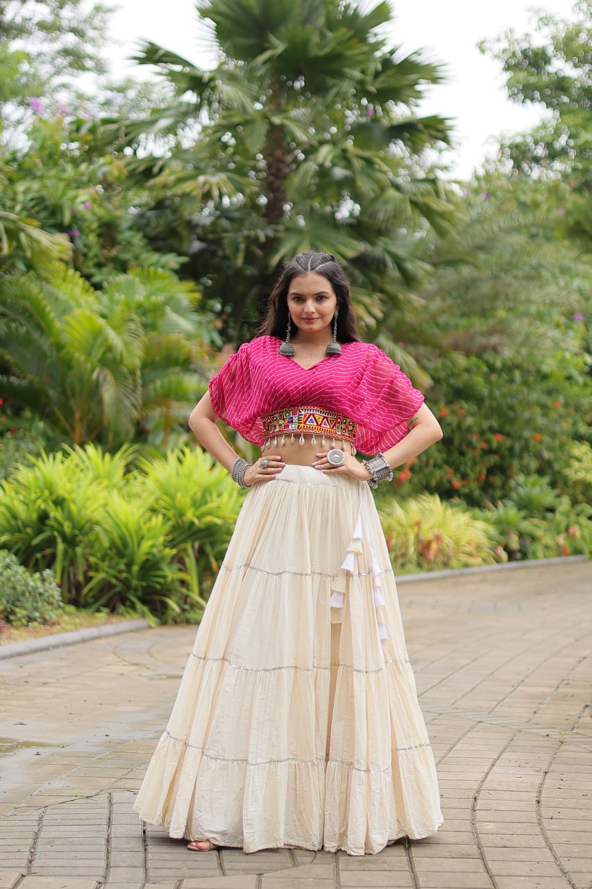 Womenline White Color Kora Cotton Lehenga With Pink Choli
