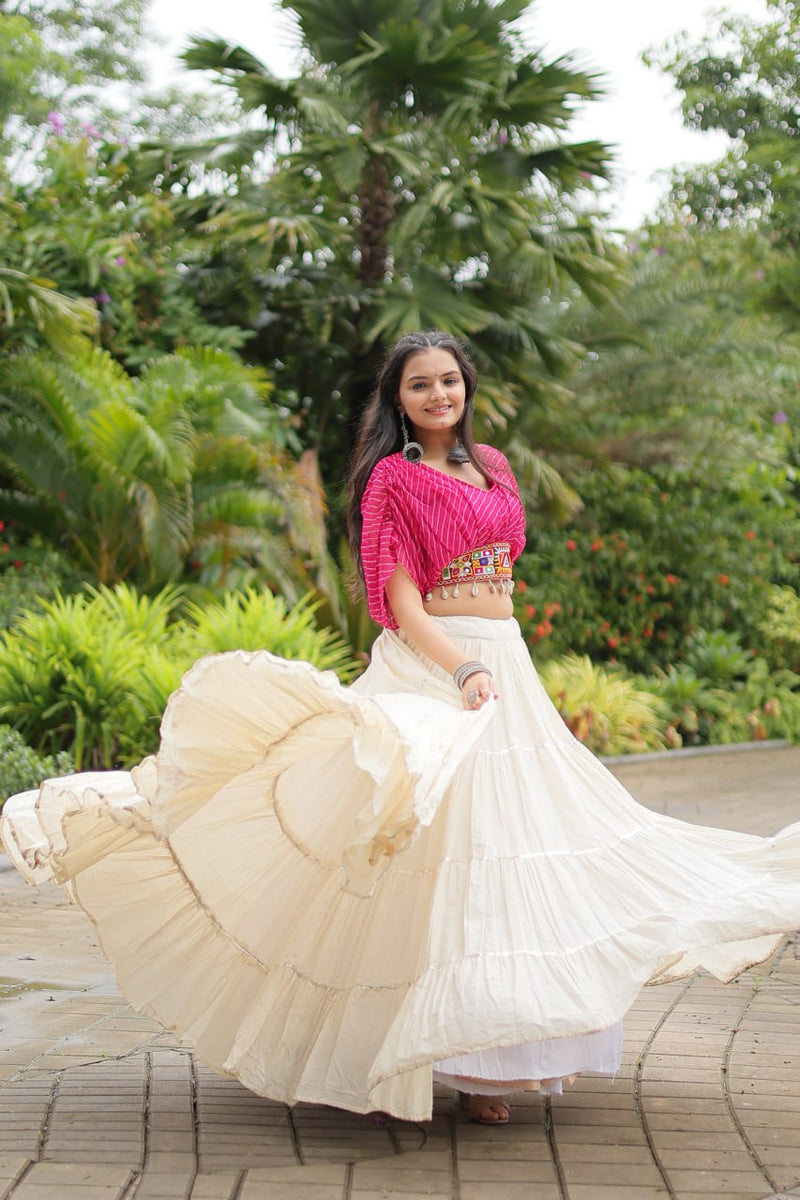 Womenline White Color Kora Cotton Lehenga With Pink Choli