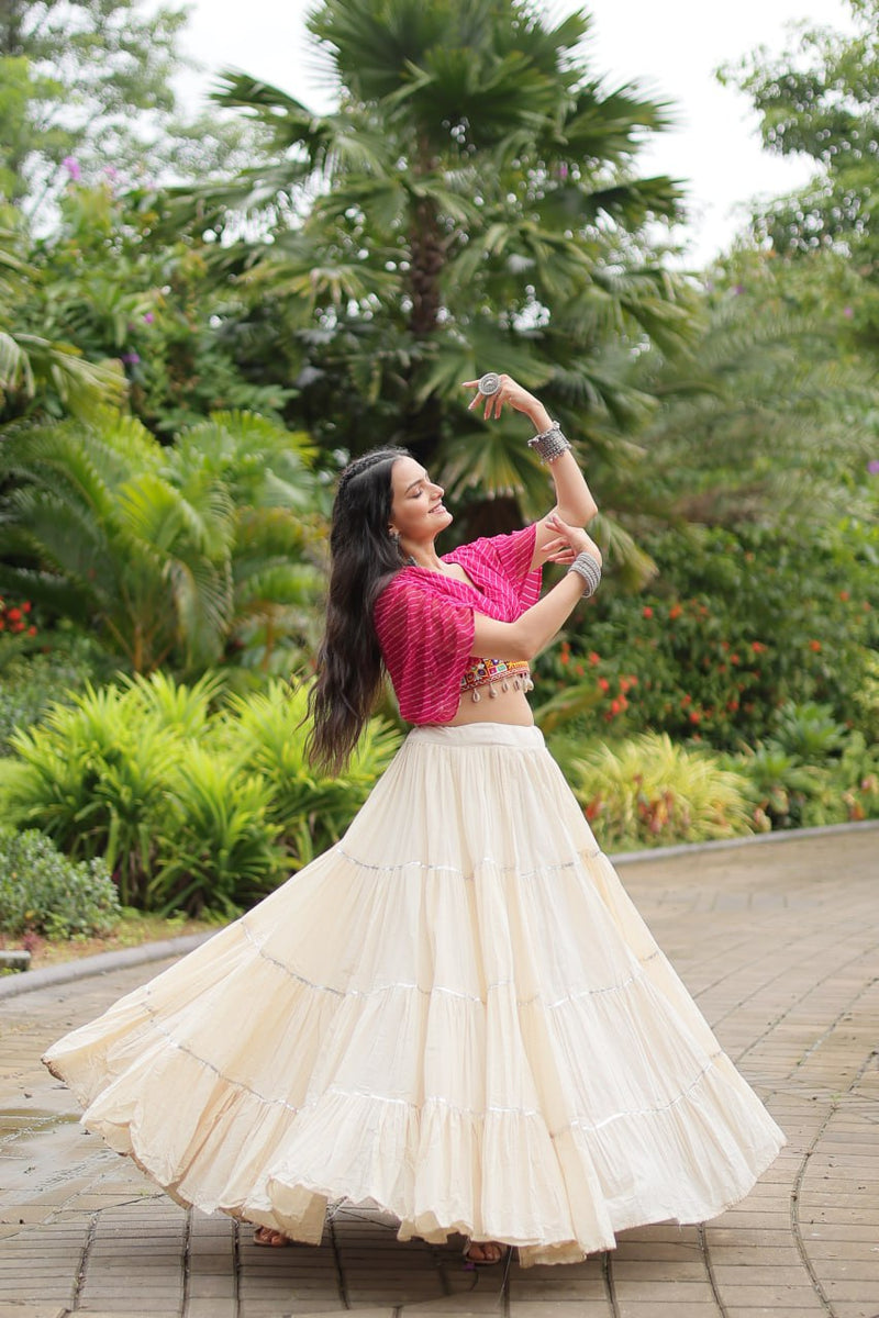 Womenline White Color Kora Cotton Lehenga With Pink Choli