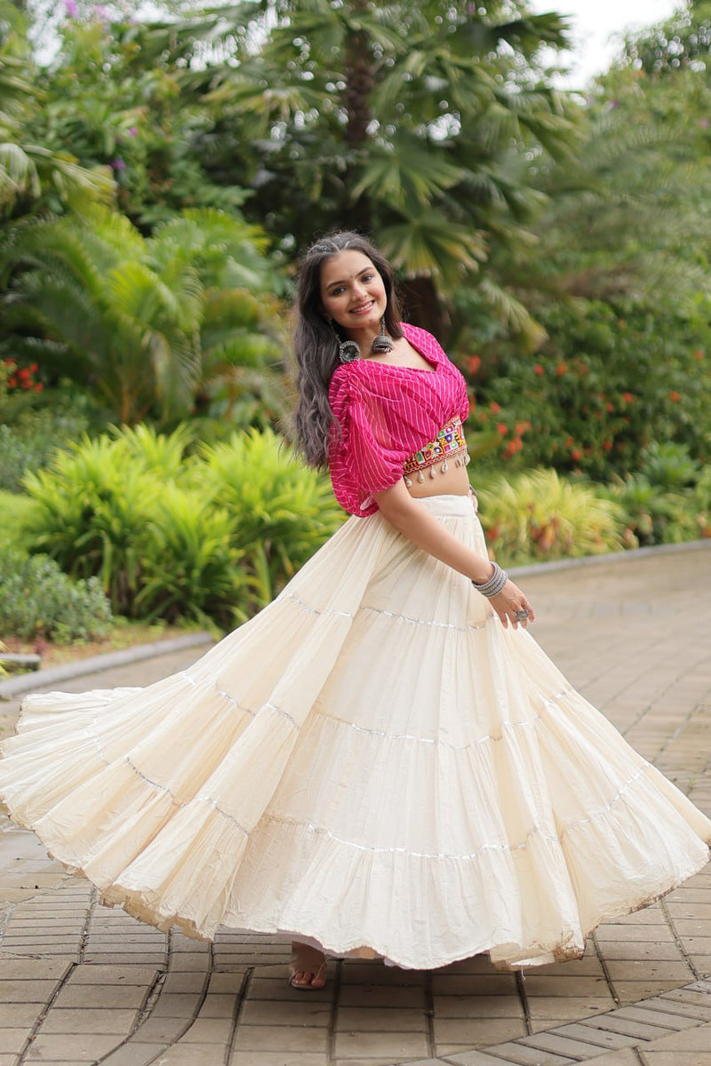 Womenline White Color Kora Cotton Lehenga With Pink Choli