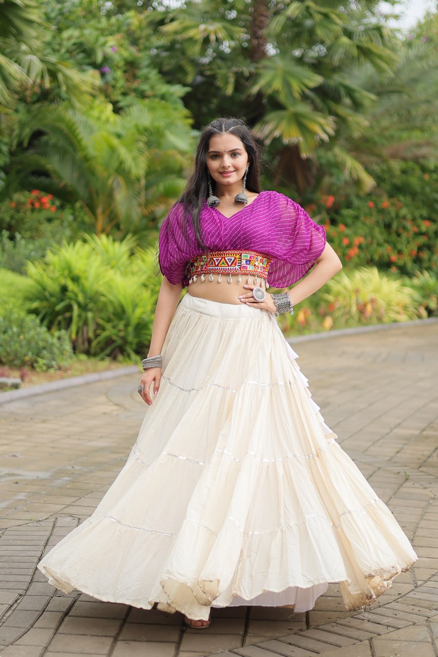 Womenline White Color Kora Cotton Lehenga With Purple Choli
