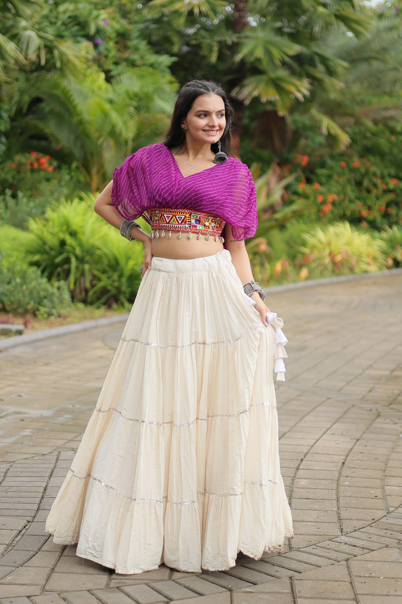 Womenline White Color Kora Cotton Lehenga With Purple Choli