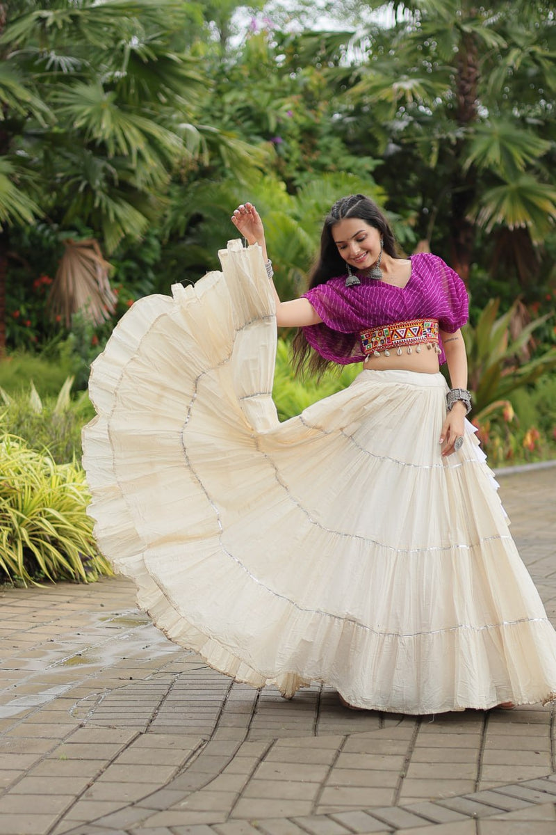 Womenline White Color Kora Cotton Lehenga With Purple Choli