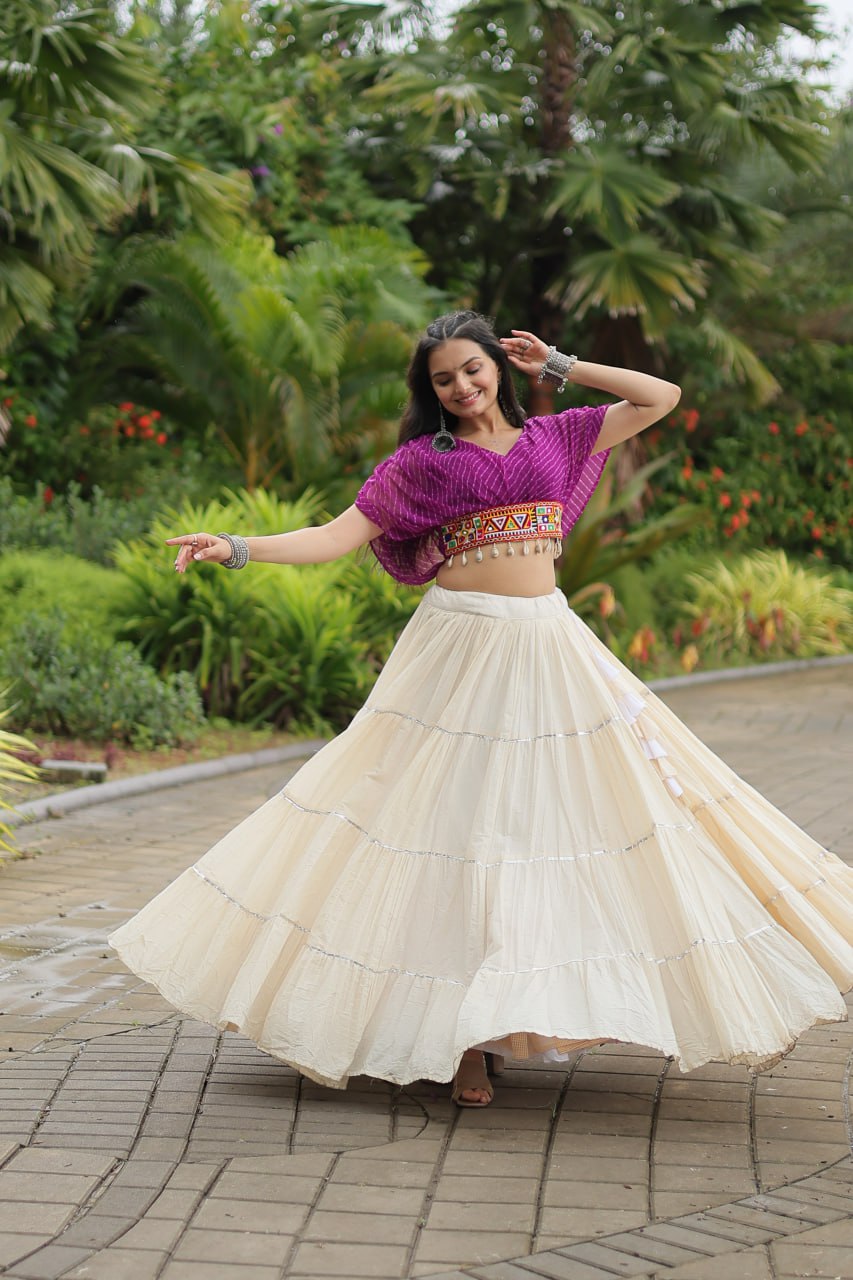 Womenline White Color Kora Cotton Lehenga With Purple Choli