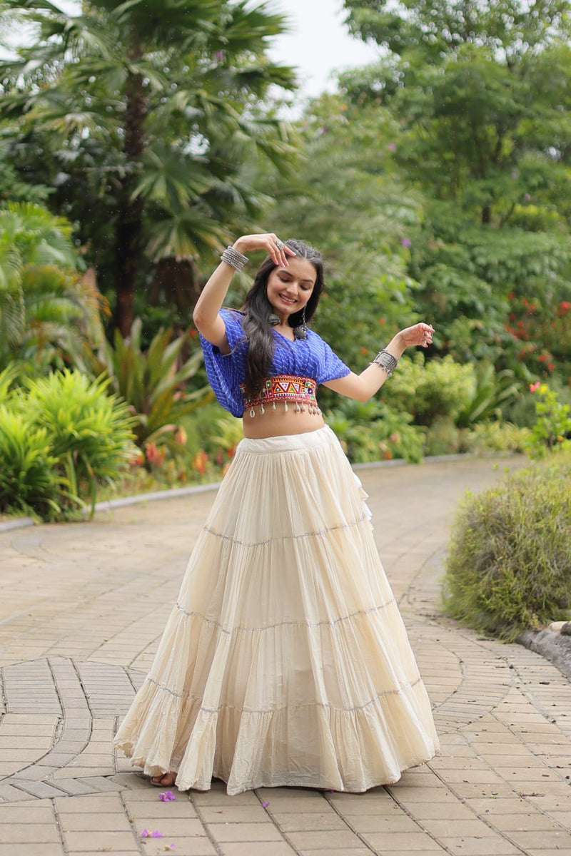 Womenline White Color Kora Cotton Lehenga With Blue Choli