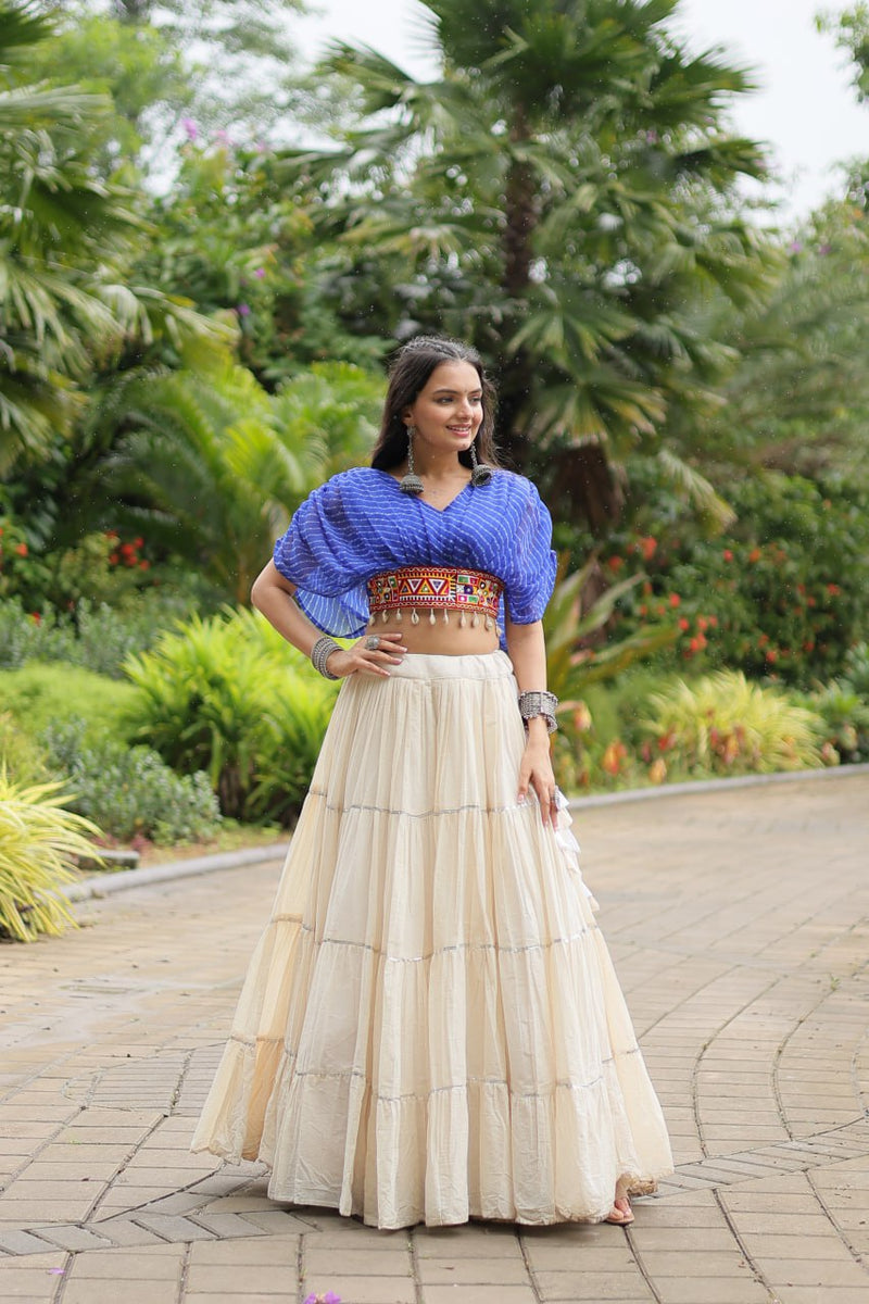 Womenline White Color Kora Cotton Lehenga With Blue Choli