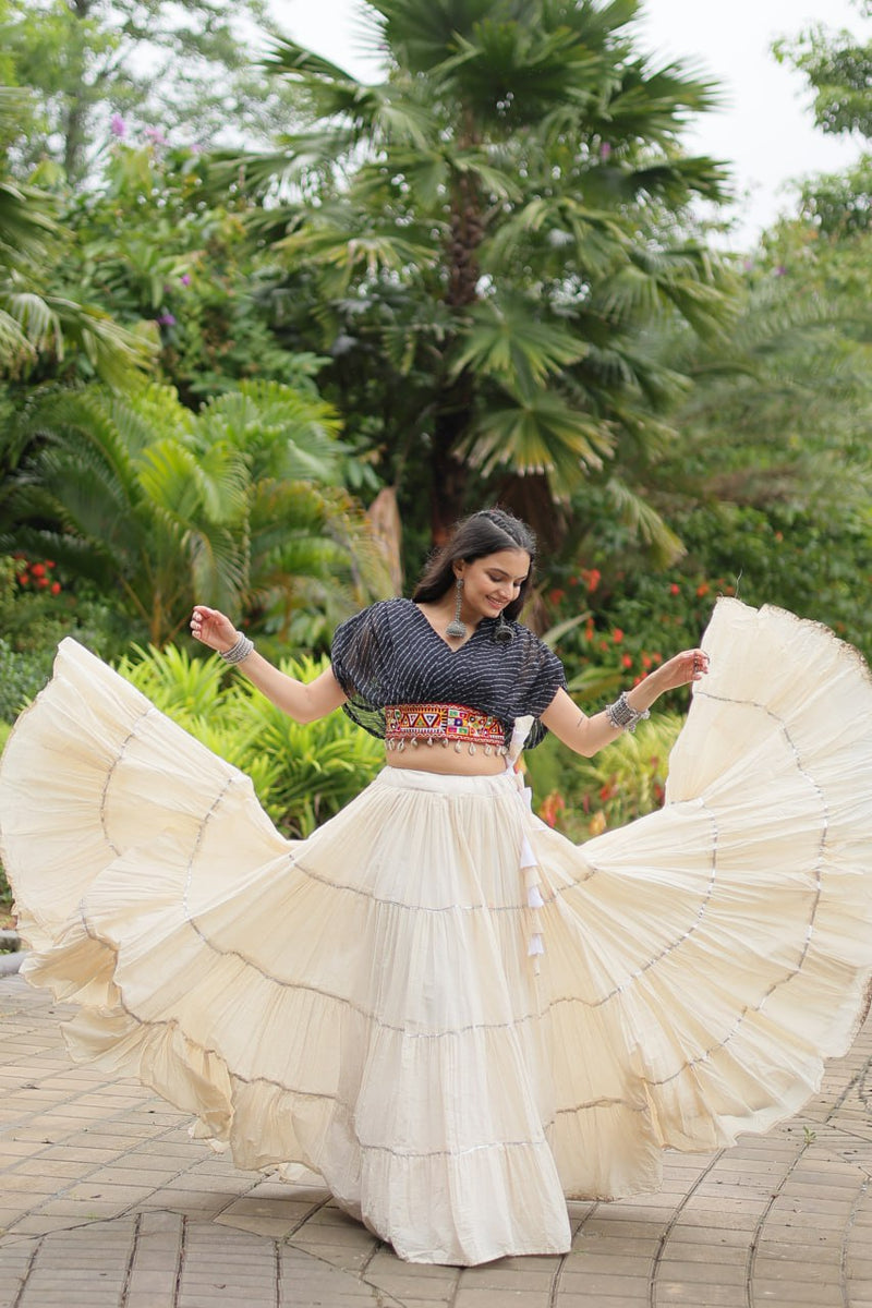 Womenline White Color Kora Cotton Lehenga With Black Choli