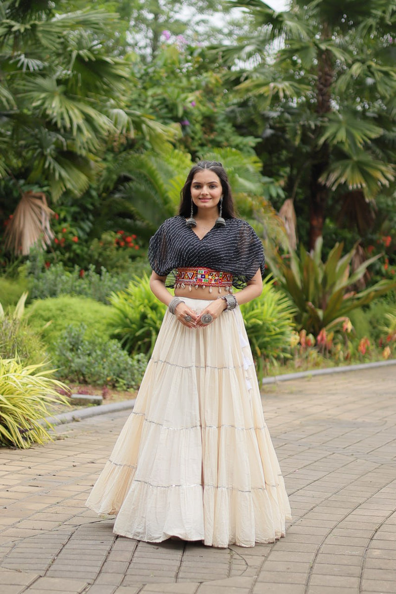 Womenline White Color Kora Cotton Lehenga With Black Choli