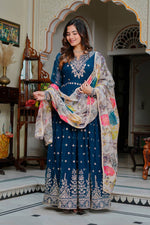 Womenline Royal Teal Blue Anarkali Gown with Floral Printed Dupatta