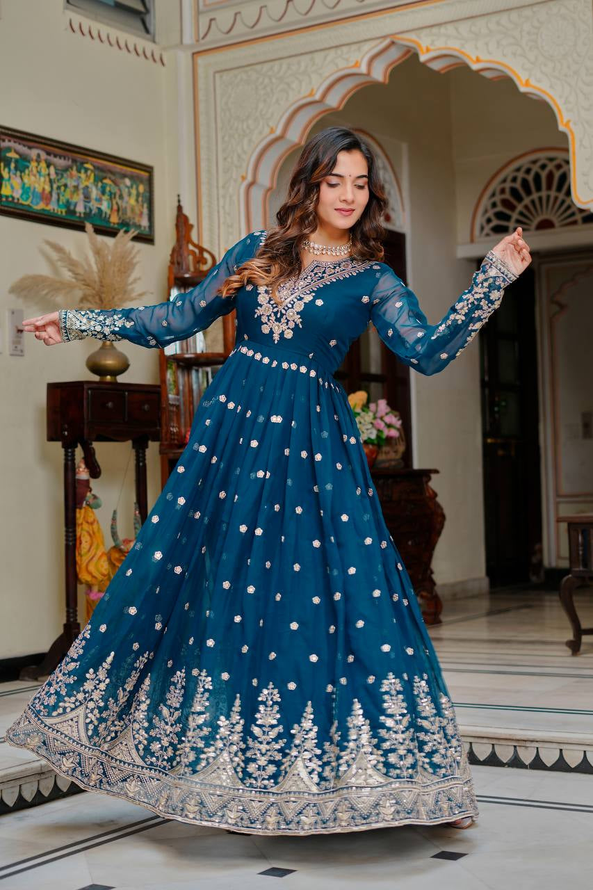 Womenline Royal Teal Blue Anarkali Gown with Floral Printed Dupatta