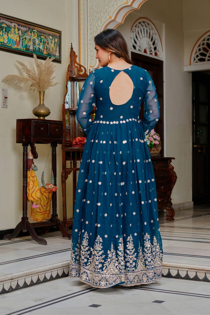 Womenline Royal Teal Blue Anarkali Gown with Floral Printed Dupatta