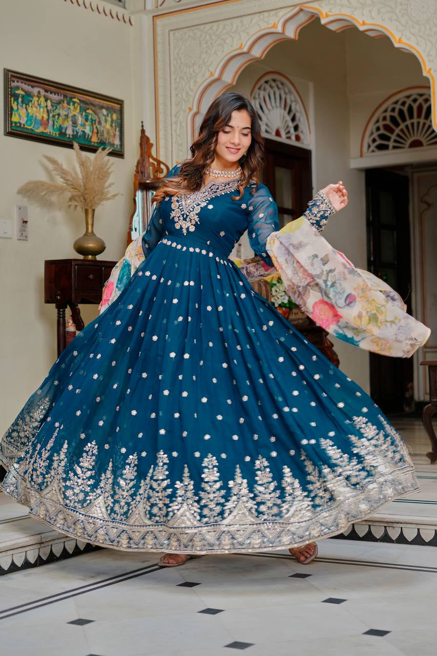 Womenline Royal Teal Blue Anarkali Gown with Floral Printed Dupatta