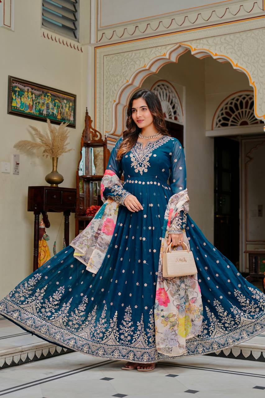 Womenline Royal Teal Blue Anarkali Gown with Floral Printed Dupatta