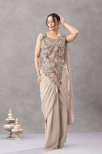 Womenline Beige Draped Saree Set with Multicolor Floral Embroidered Designer Blouse