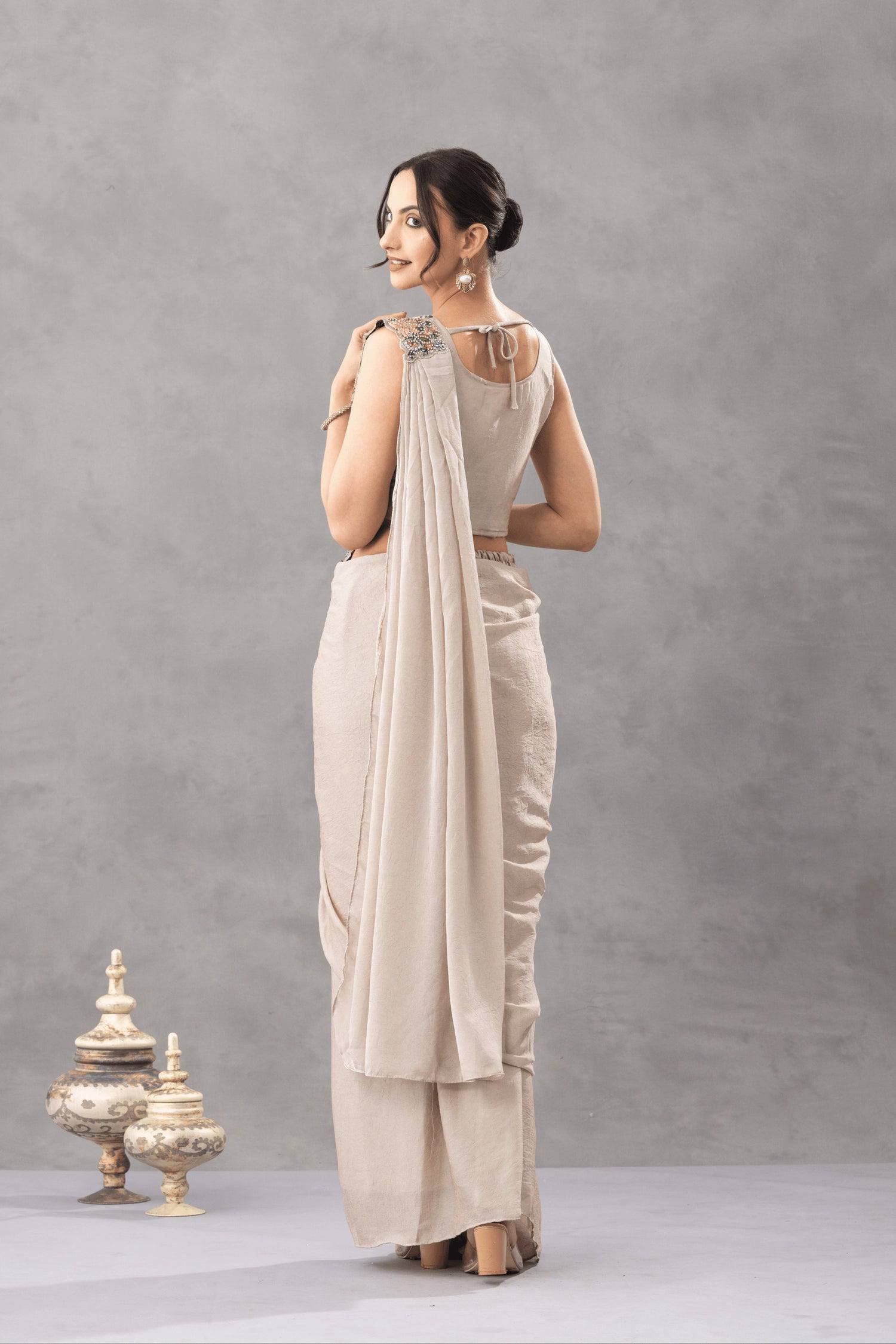 Womenline Beige Draped Saree Set with Multicolor Floral Embroidered Designer Blouse