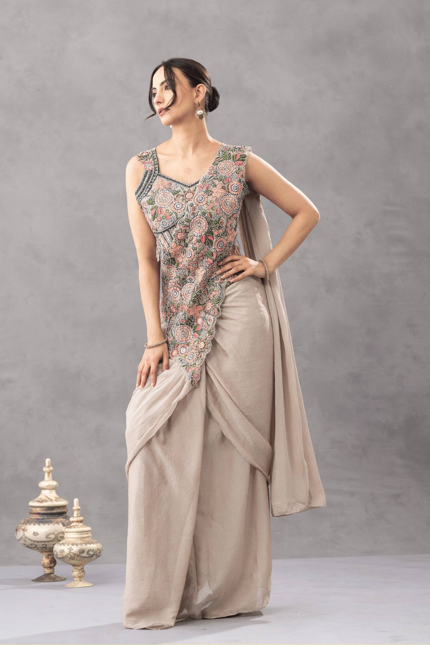 Womenline Beige Draped Saree Set with Multicolor Floral Embroidered Designer Blouse