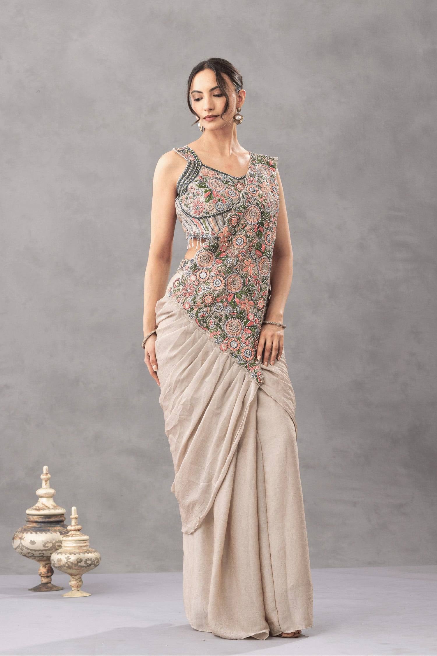 Womenline Beige Draped Saree Set with Multicolor Floral Embroidered Designer Blouse