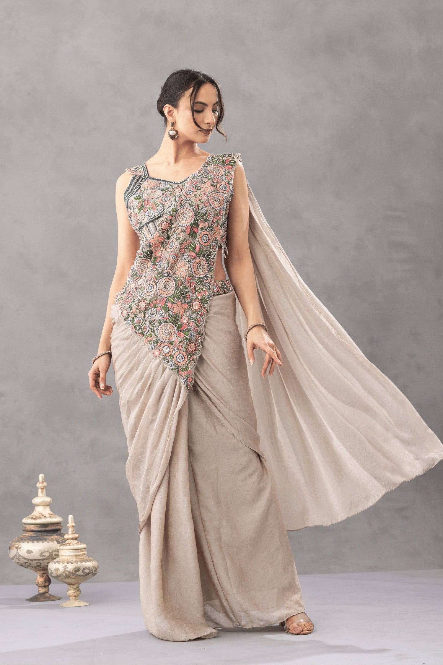 Womenline Beige Draped Saree Set with Multicolor Floral Embroidered Designer Blouse