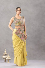 Womenline Mustard Yellow Draped Saree Set with Multicolor Floral Embroidered Designer Blouse