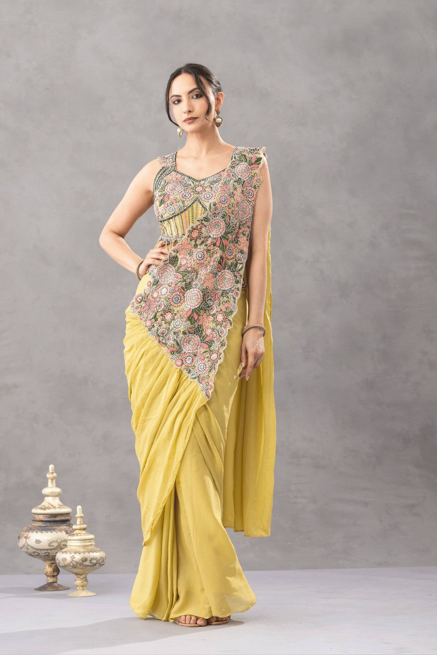 Womenline Mustard Yellow Draped Saree Set with Multicolor Floral Embroidered Designer Blouse