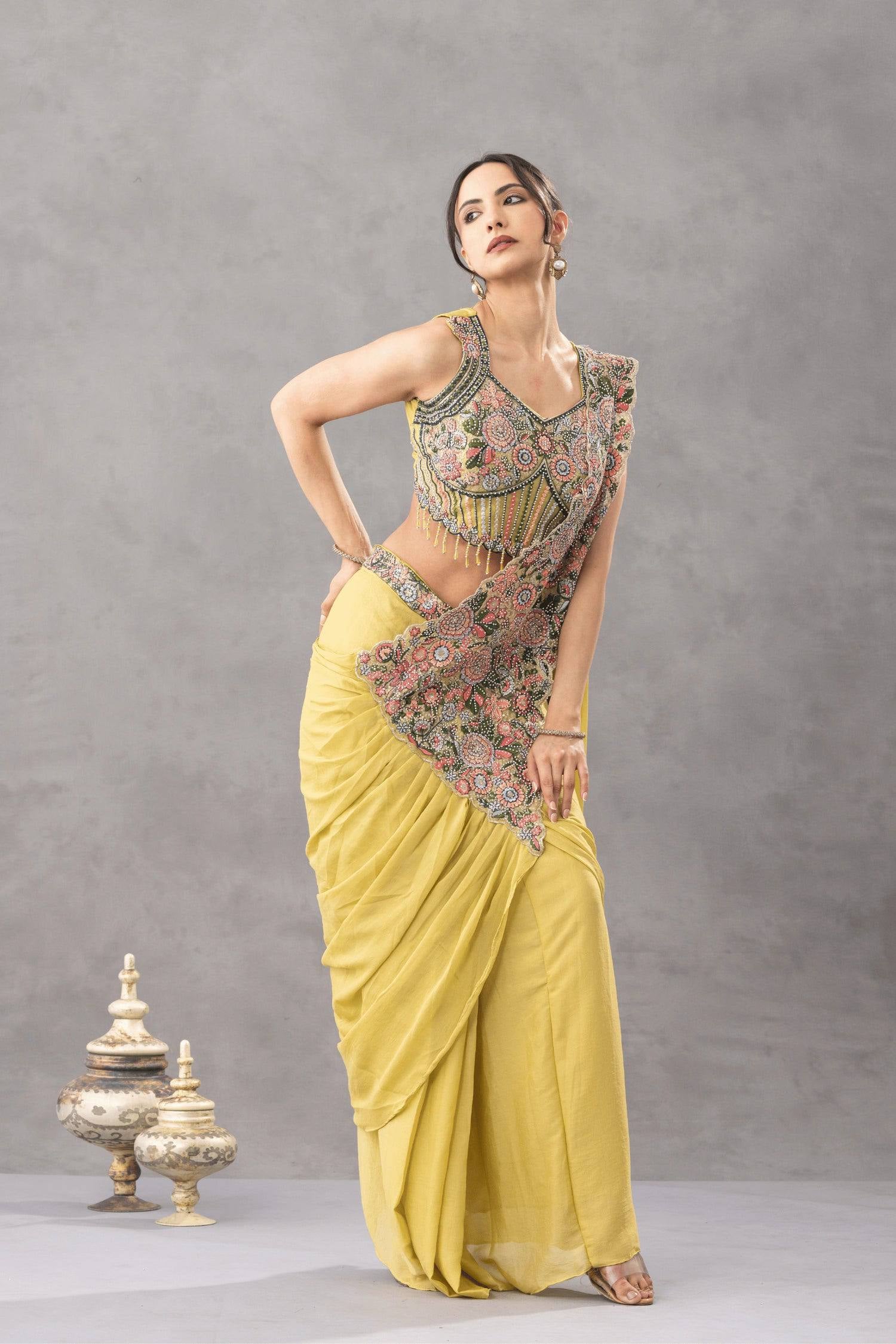 Womenline Mustard Yellow Draped Saree Set with Multicolor Floral Embroidered Designer Blouse