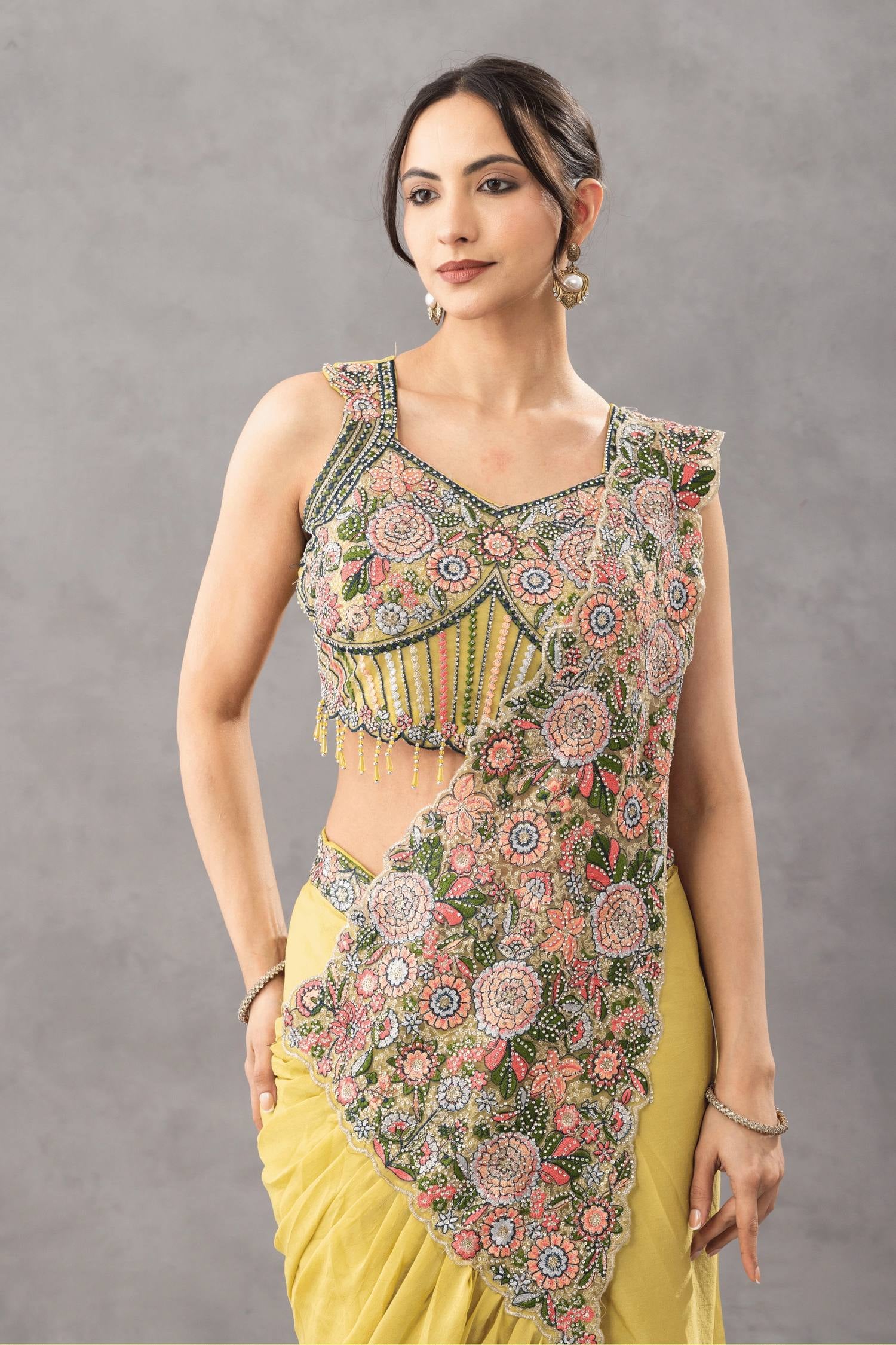 Womenline Mustard Yellow Draped Saree Set with Multicolor Floral Embroidered Designer Blouse