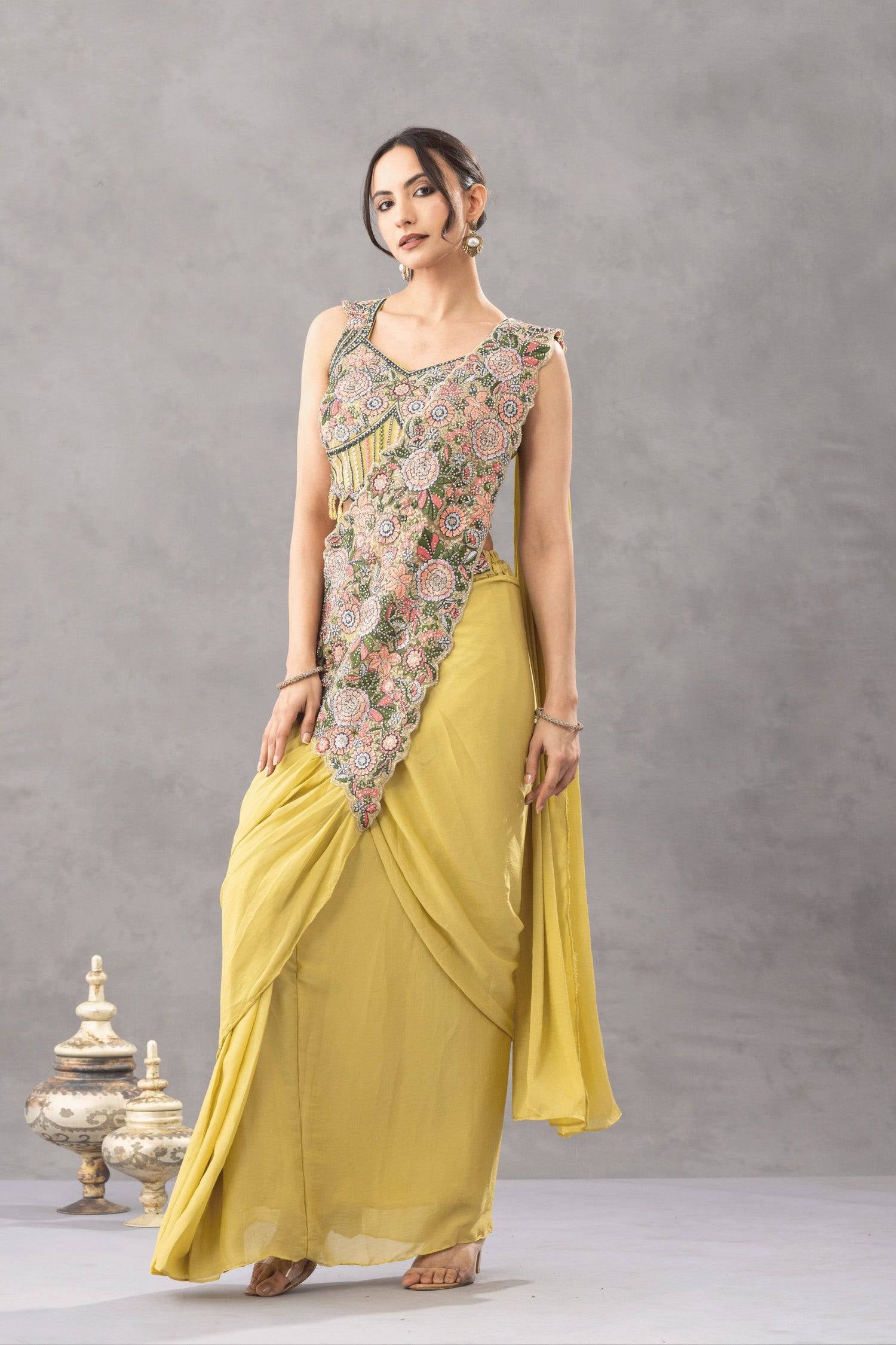 Womenline Mustard Yellow Draped Saree Set with Multicolor Floral Embroidered Designer Blouse