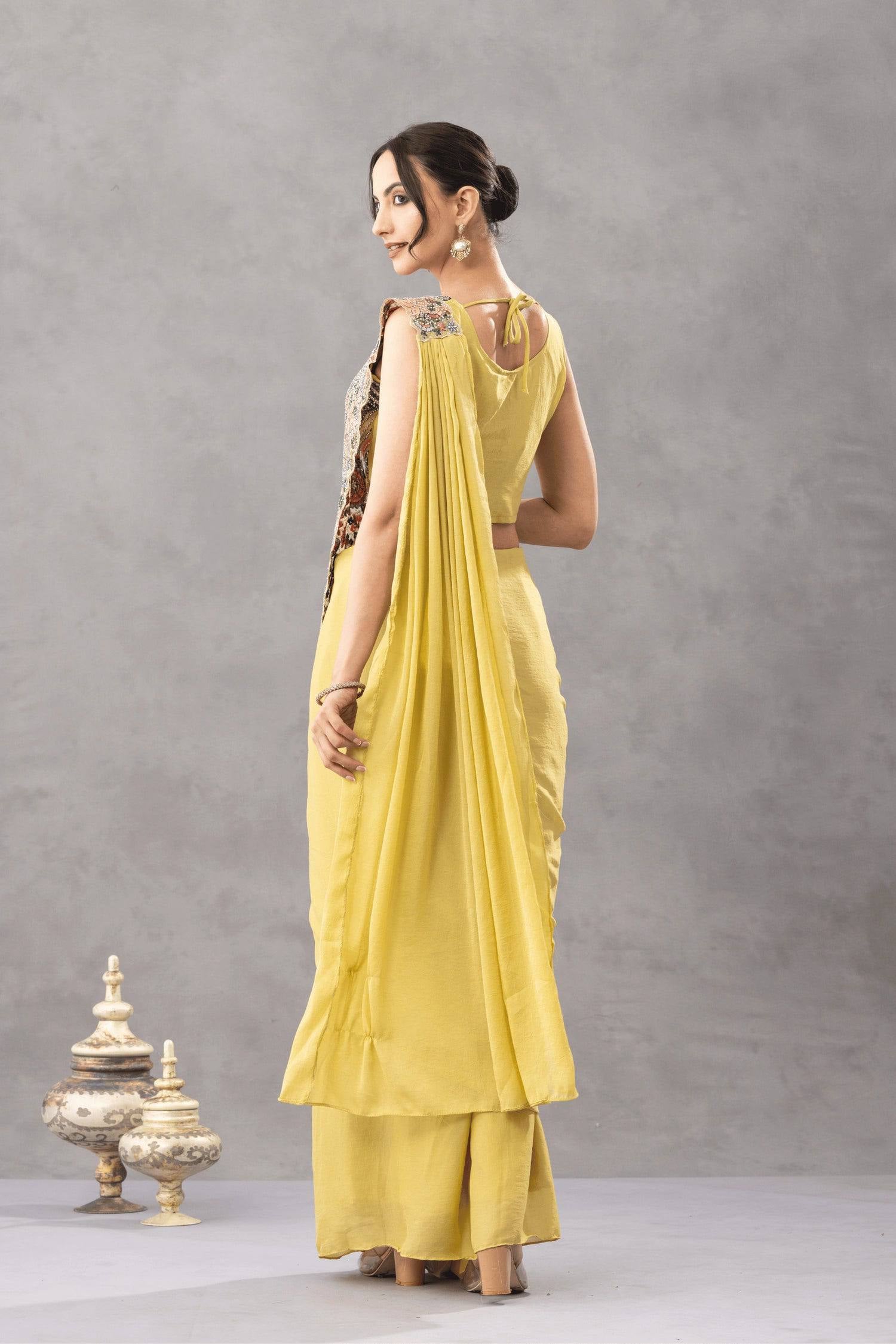 Womenline Mustard Yellow Draped Saree Set with Multicolor Floral Embroidered Designer Blouse