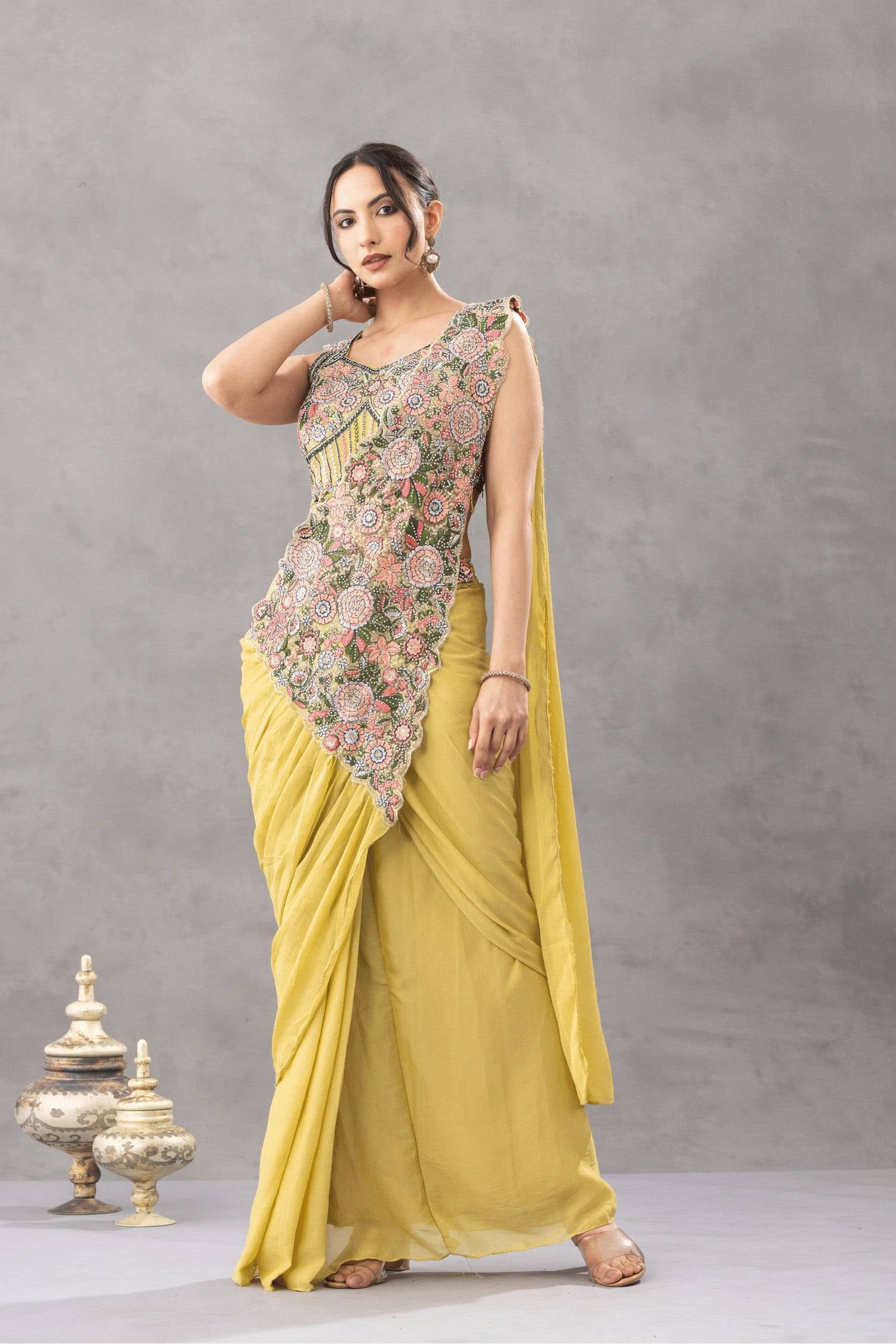 Womenline Mustard Yellow Draped Saree Set with Multicolor Floral Embroidered Designer Blouse