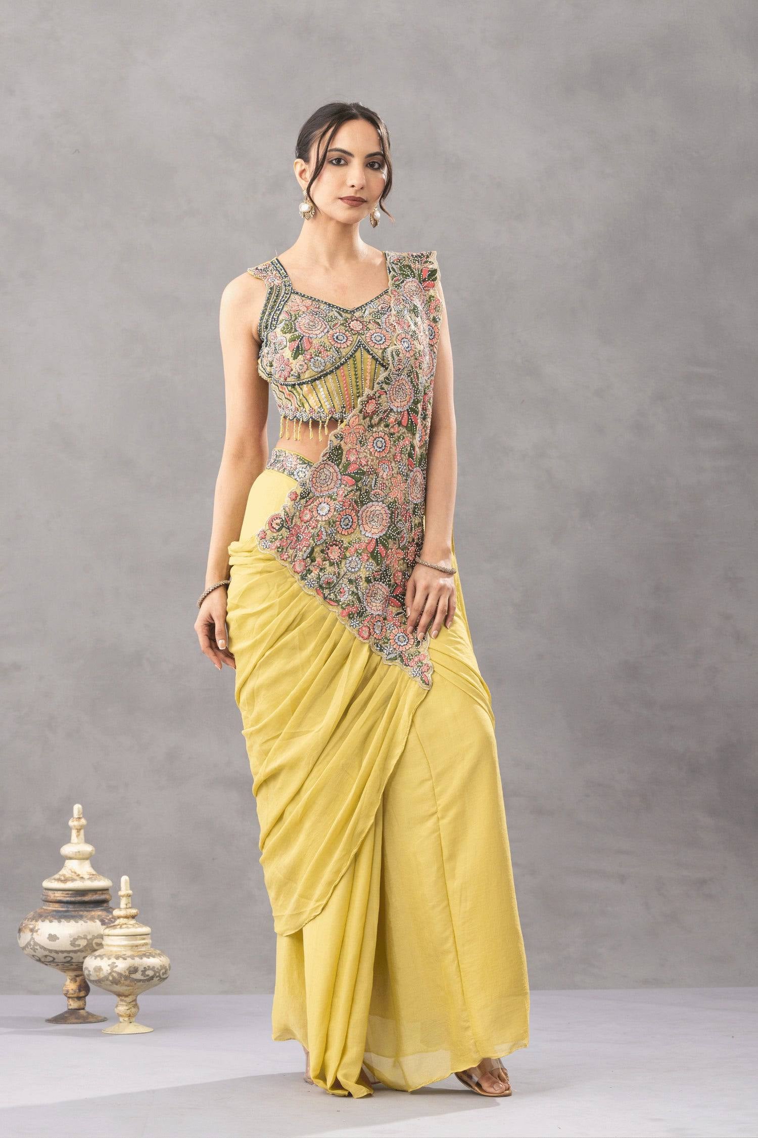Womenline Mustard Yellow Draped Saree Set with Multicolor Floral Embroidered Designer Blouse