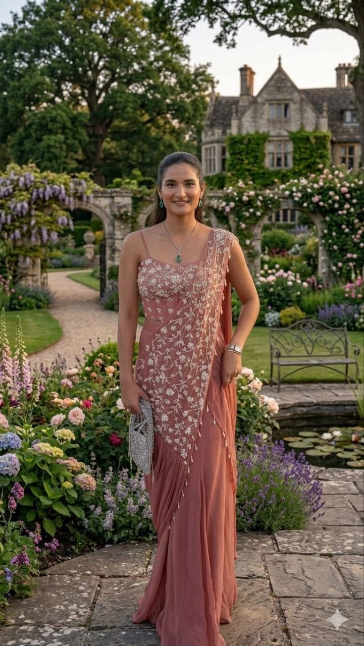 Wmenline Blush Pink Embroidered Pre-Draped Saree Set with Floral Detailing
