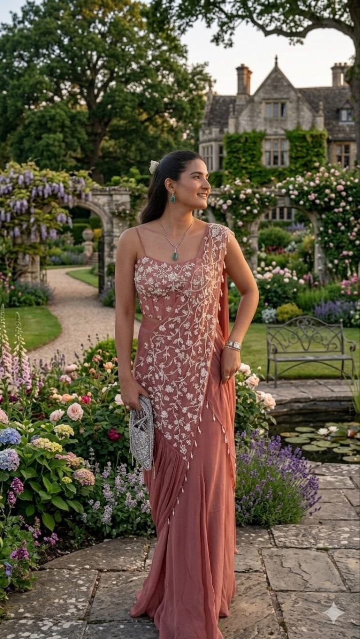 Wmenline Blush Pink Embroidered Pre-Draped Saree Set with Floral Detailing