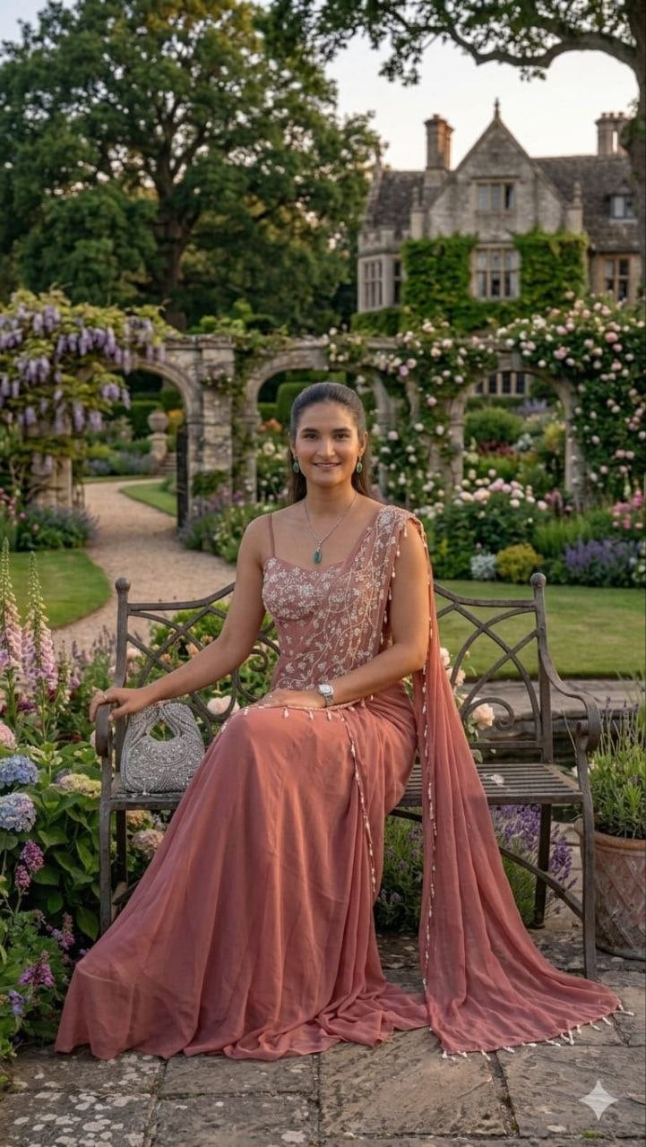 Wmenline Blush Pink Embroidered Pre-Draped Saree Set with Floral Detailing