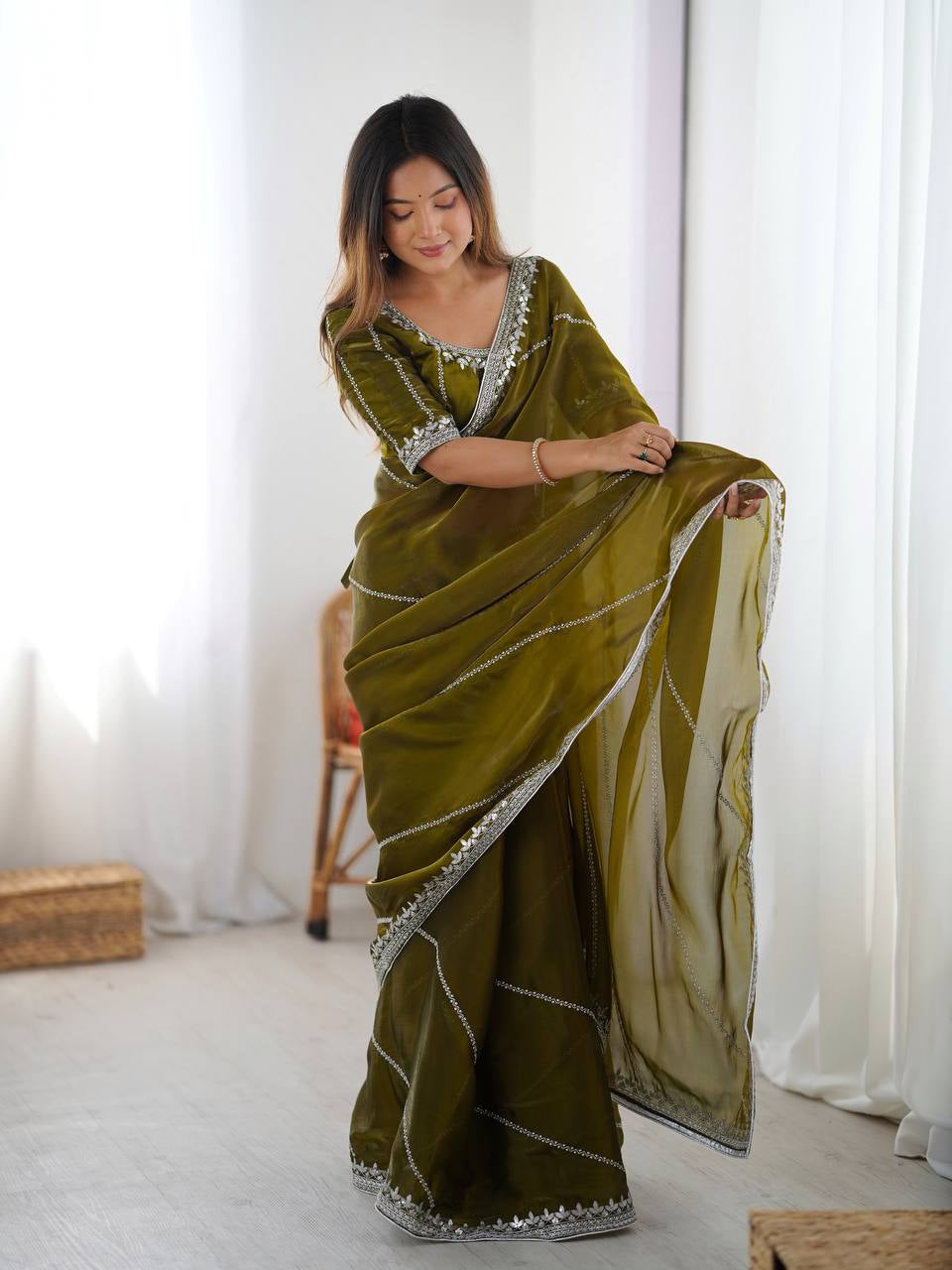 Womenline Elegant Olive Green Saree with Silver Sequin Border & Blouse